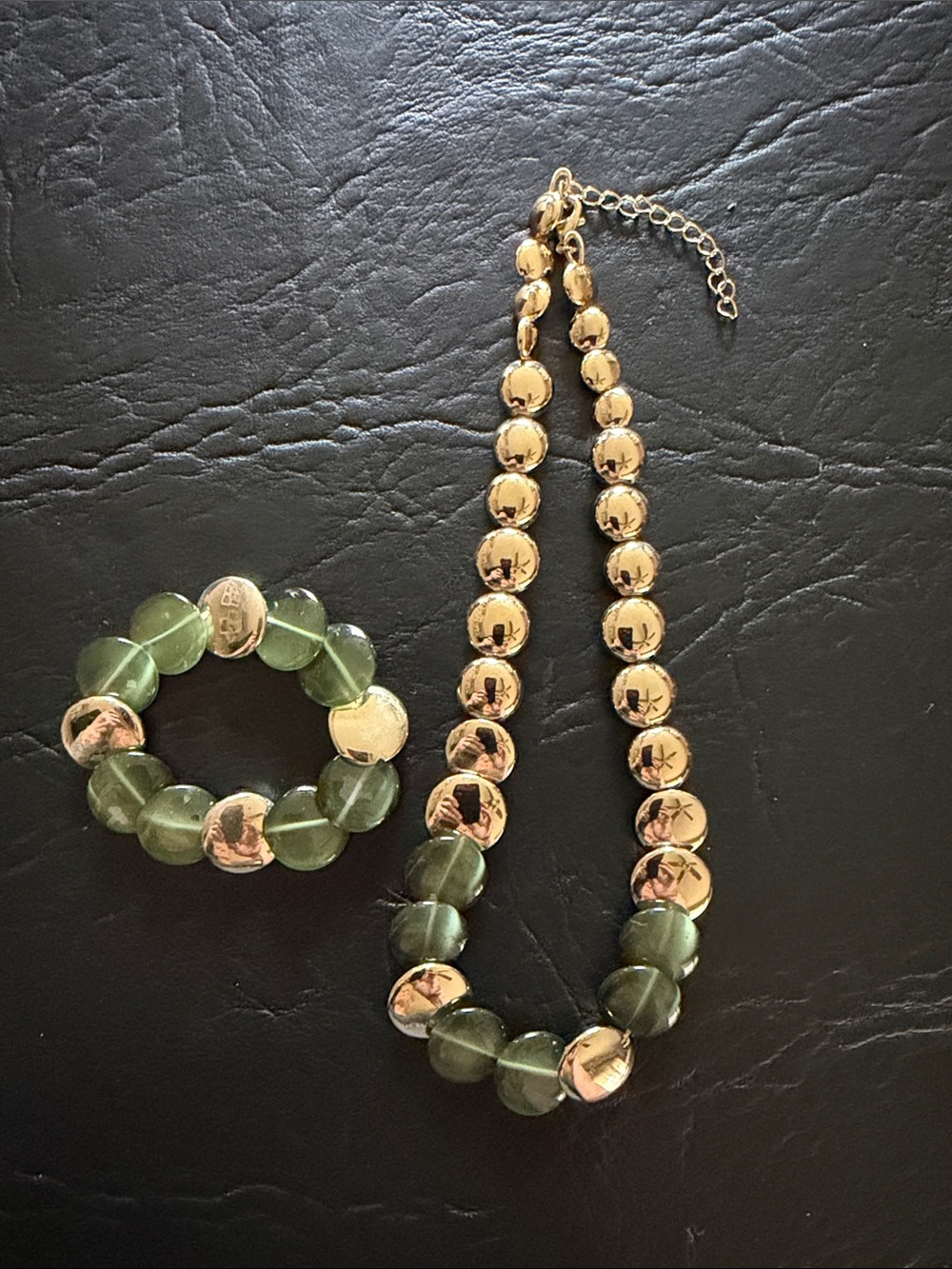 Gold & Olive Green Bead Necklace and Bracelet Set